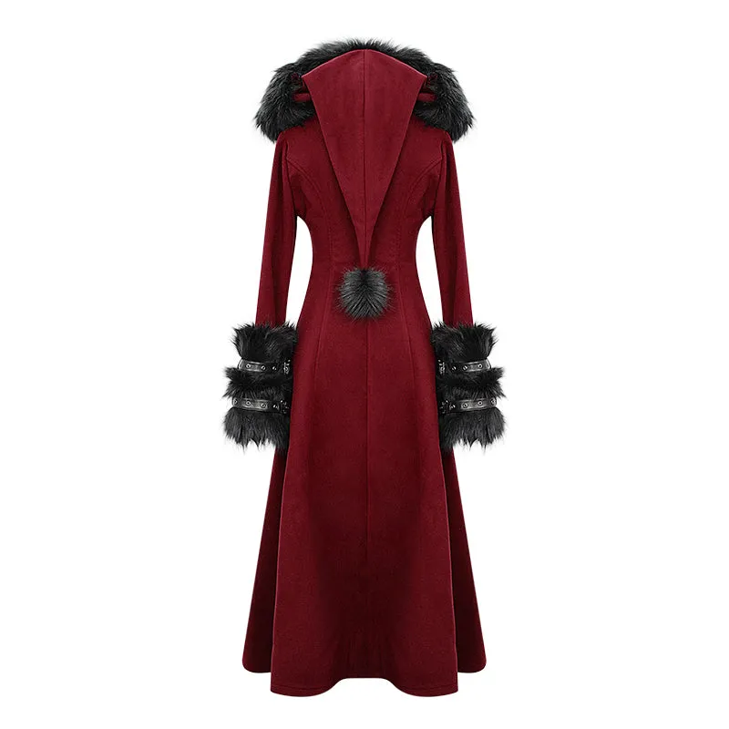 CT12602 daily life winter sexy women red gothic party woolen hooded long coat with fur