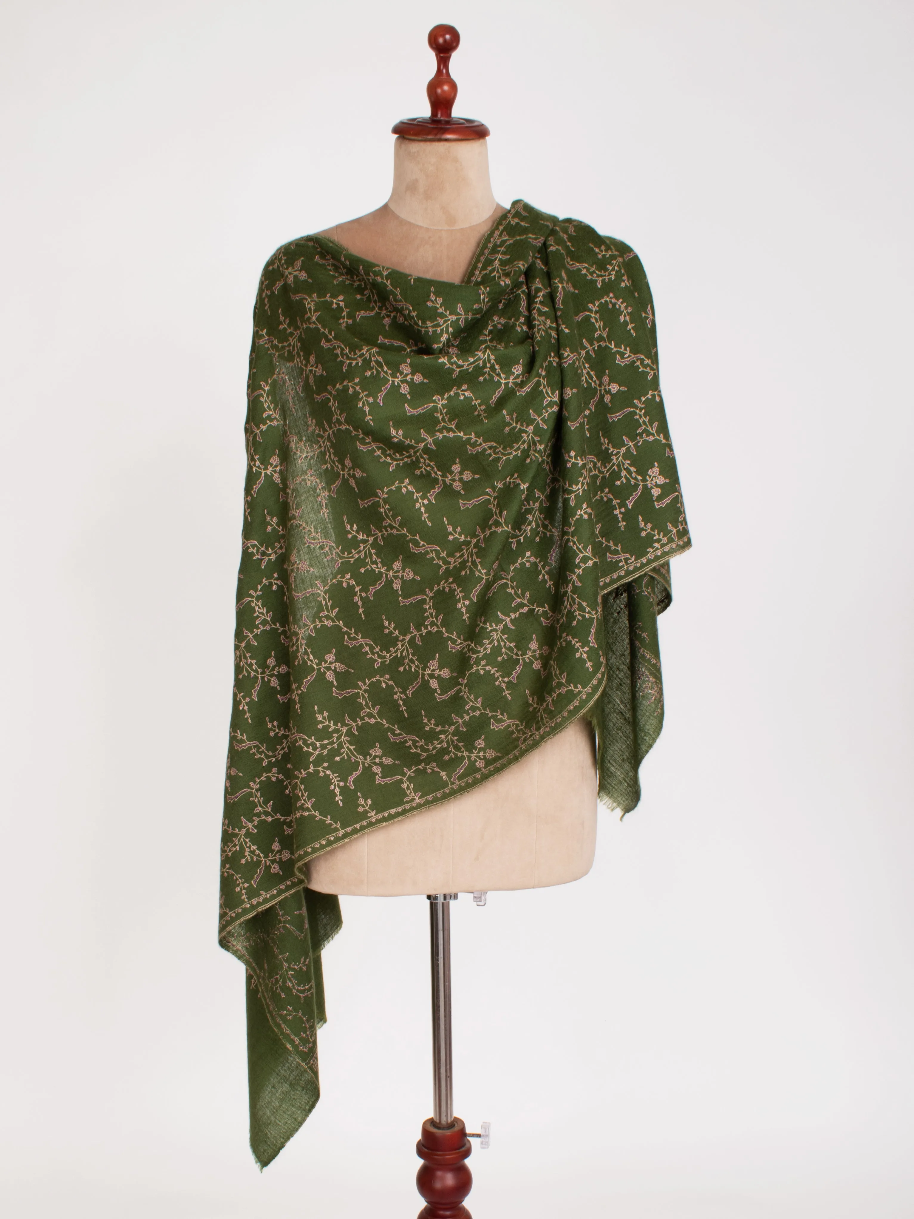 Dark Olive Sozni Embroidered Cashmere Gift Scarf