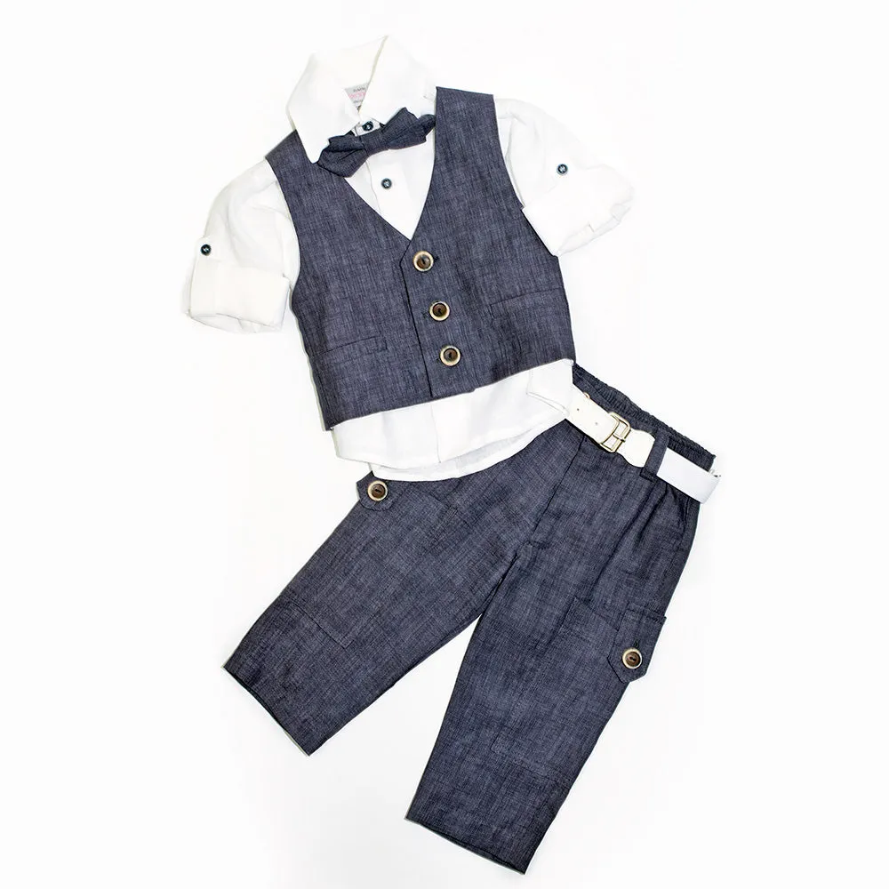 Dolce Bambini - Baby Boy 3 Piece Navy Marle Linen Suit