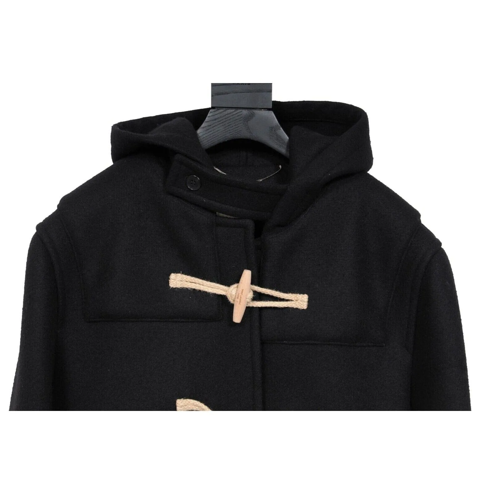 Duffle Coat Black Wool Hooded Jacket