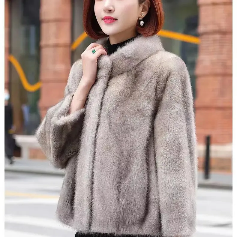 Fashion Casual Stand Collar Thickened Warm Mink Fur Short Jacket