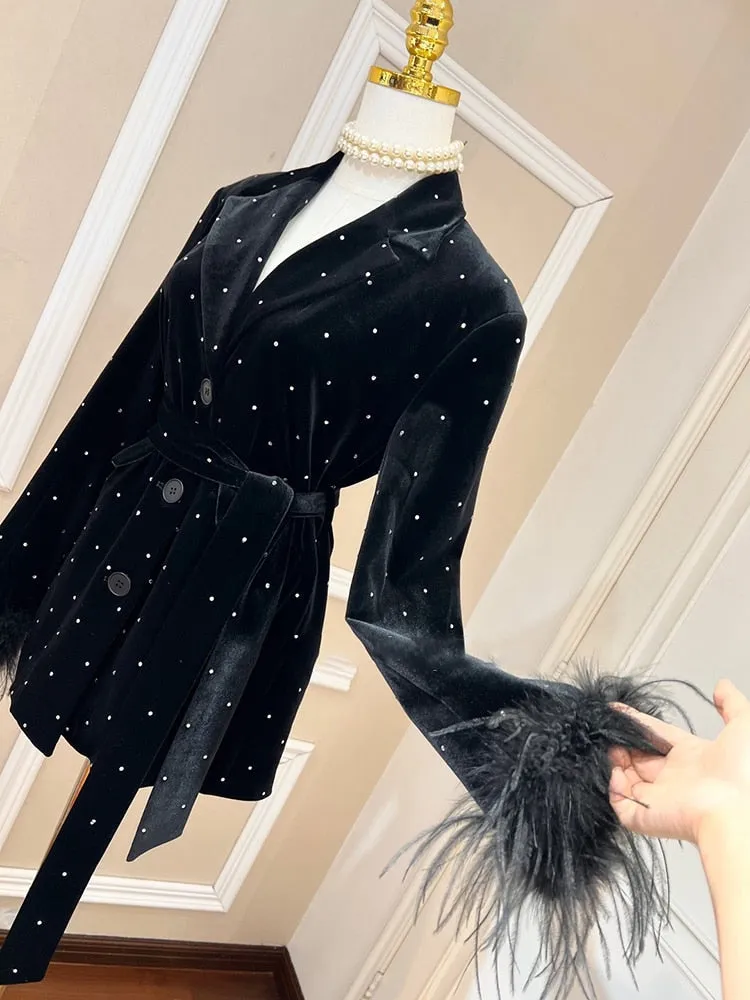 Fashion Patchwork Feathers Jacket For Women Notched Collar Long Sleeve Diamonds Solid Jackets Female Autumn Clothes