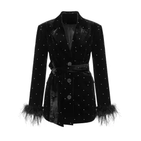 Fashion Patchwork Feathers Jacket For Women Notched Collar Long Sleeve Diamonds Solid Jackets Female Autumn Clothes