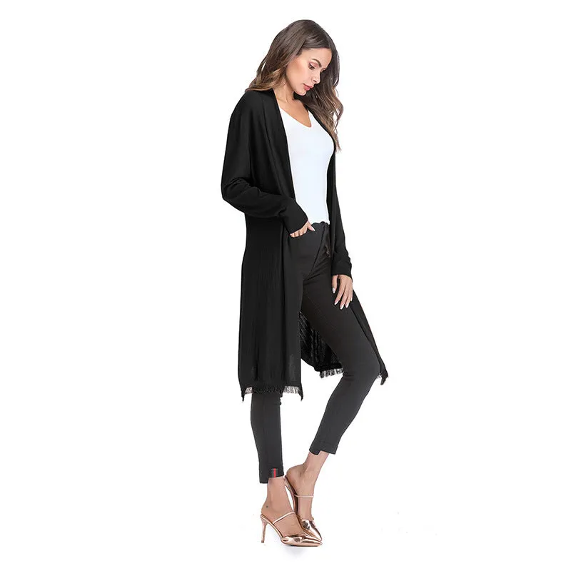 Fashion solid color thin long-sleeved knit tassel cardigan shawl coat