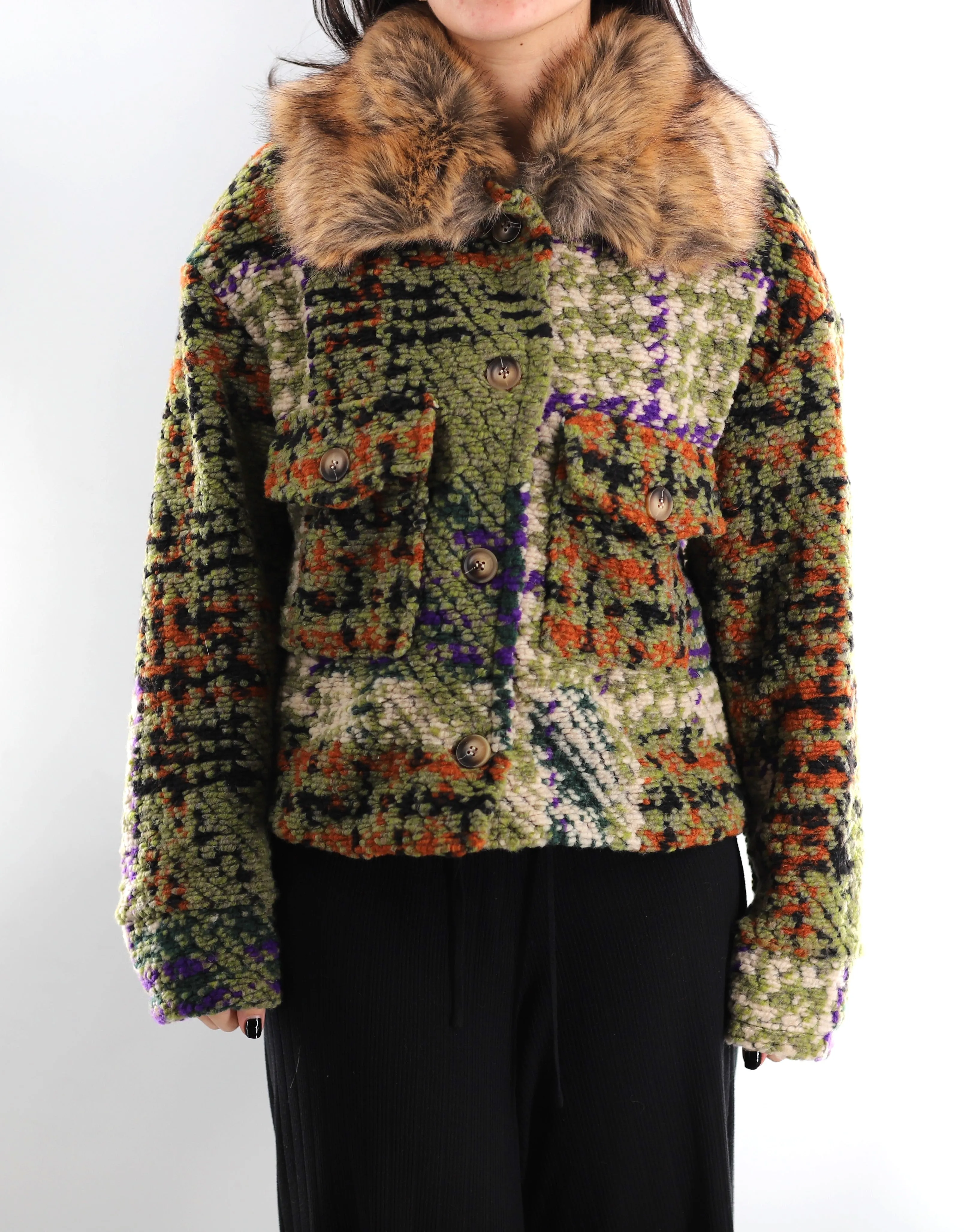 Faux Fur Trim Plaid Print Jacket