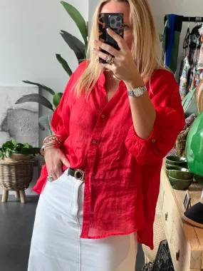 Fine Linen Shirt Travel Top - red