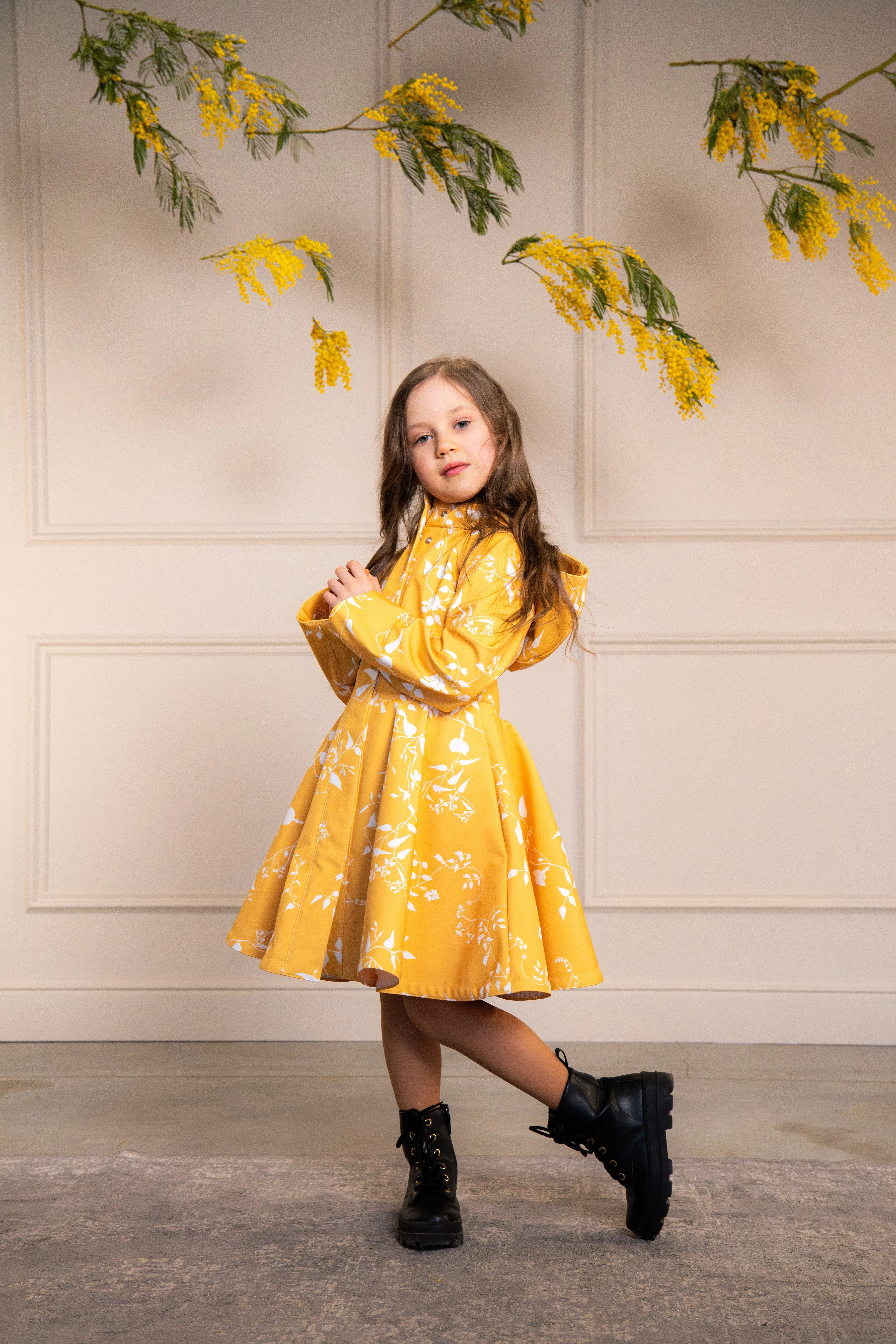 Fitted and Flared Coat for Girls in Yellow with White Floral Print | 'Majestic Yellow'