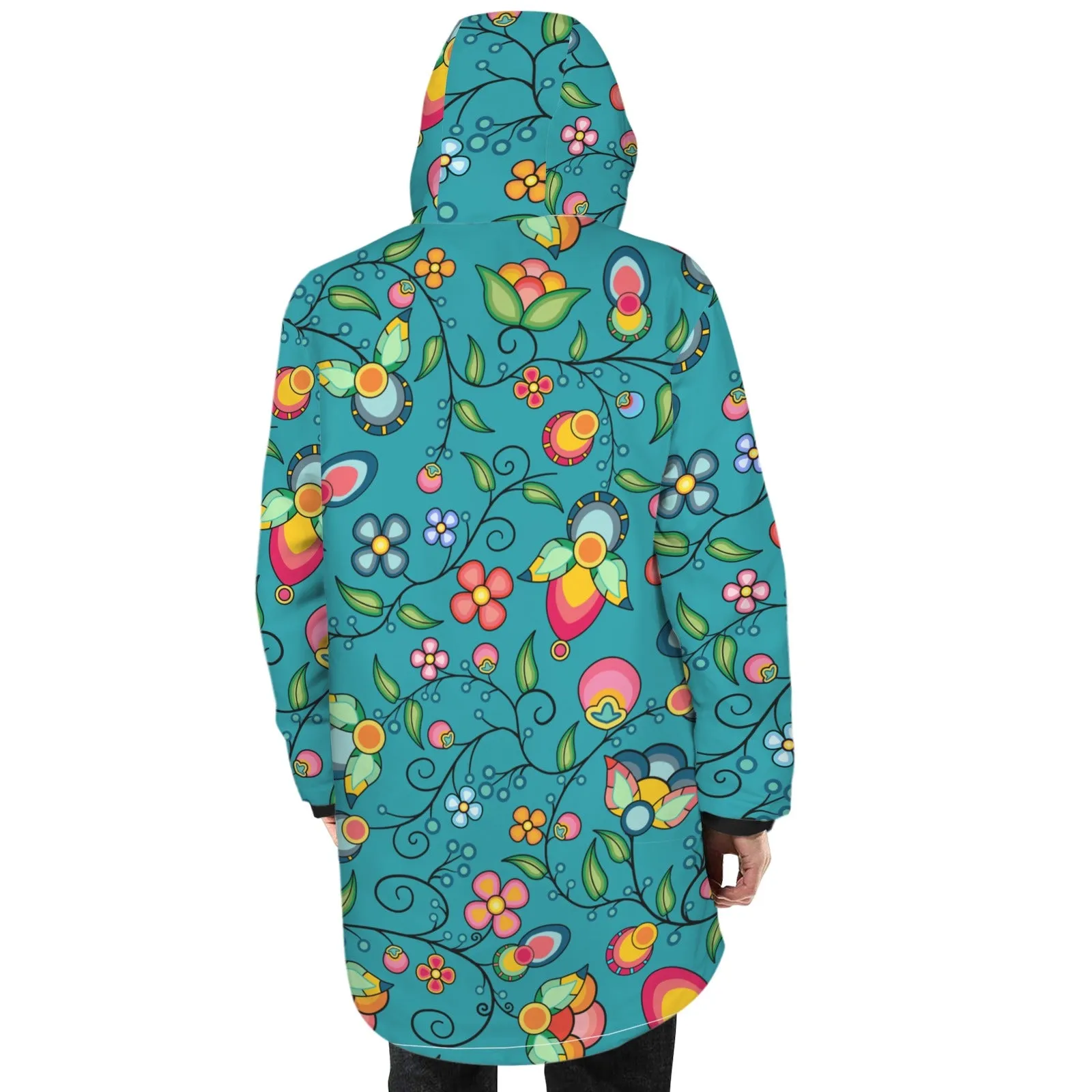 Floral Bounty Teal Unisex Sherpa Lined Hooded Coat