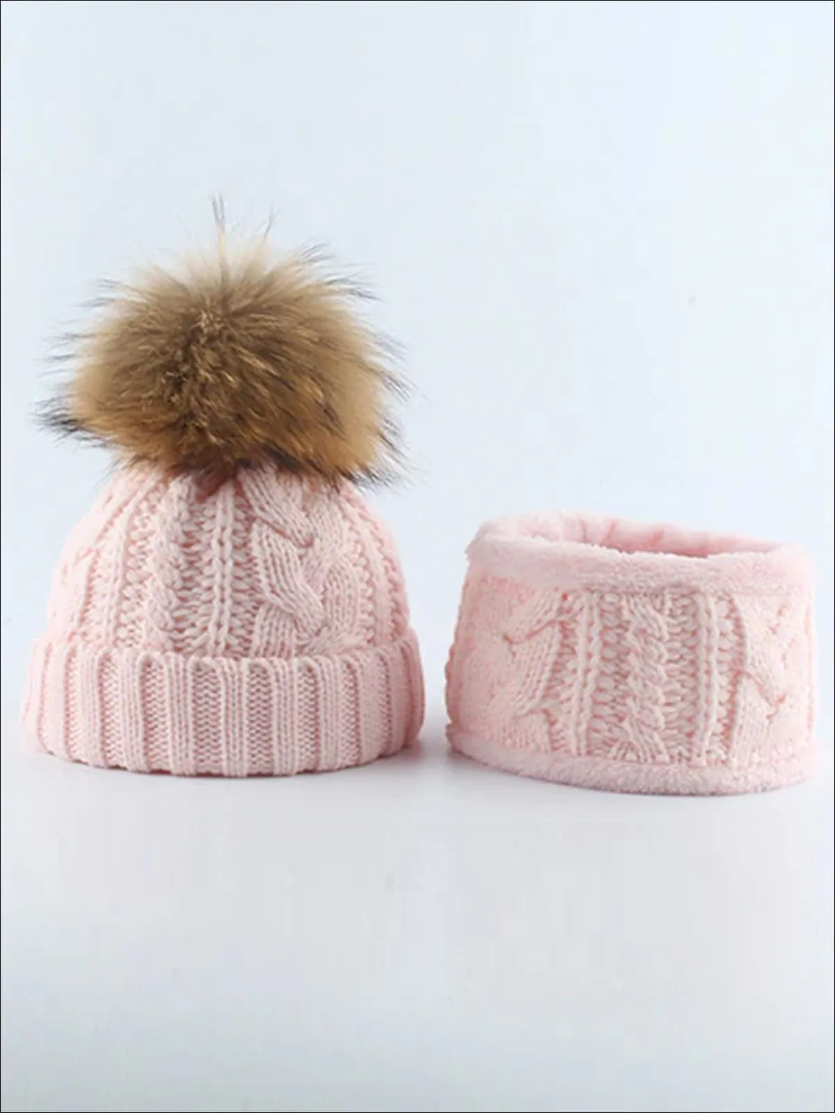 Girls Kids Cable Knit Pom Pom Beanie with Neck Scarf