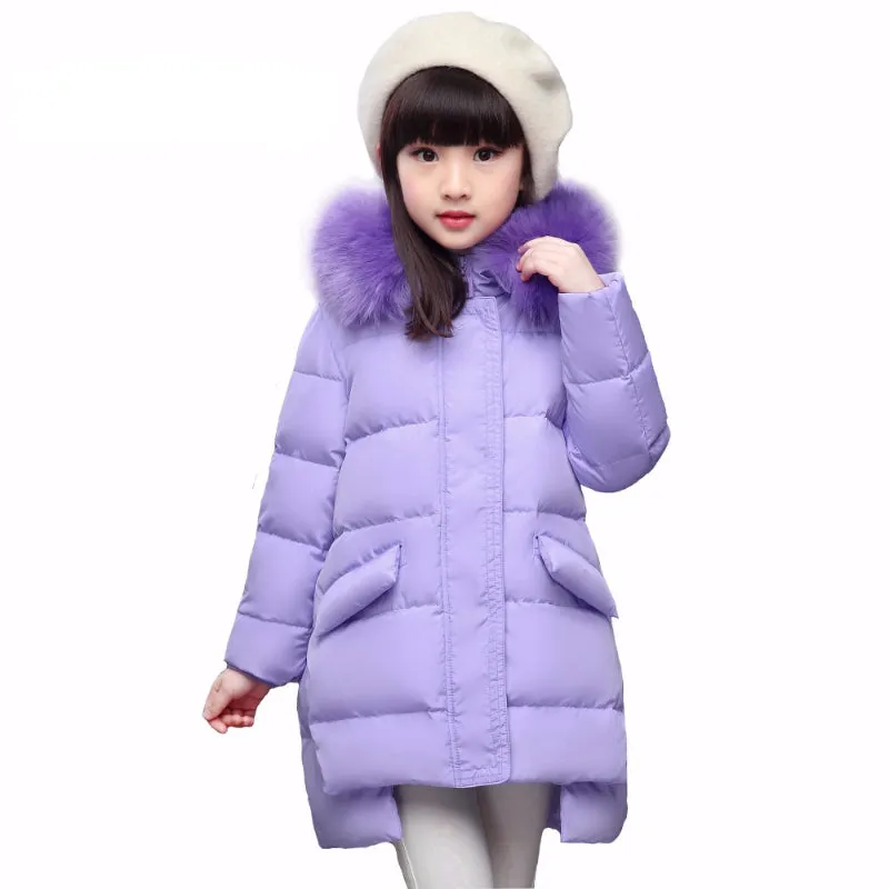 Girls Long Winter Down Jacket with Hood, very warm