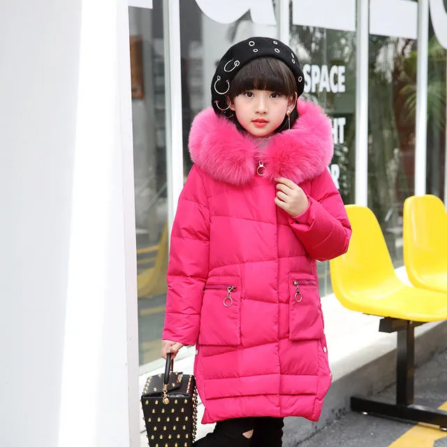 Girls Long Winter Down Jacket with Hood, very warm