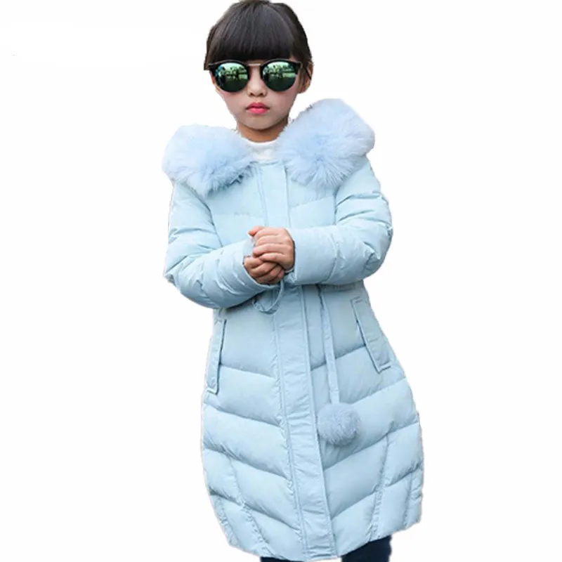 Girls Long Winter Down Jacket with Hood, very warm