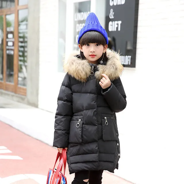 Girls Long Winter Down Jacket with Hood, very warm