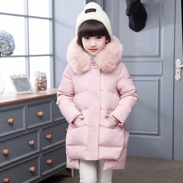 Girls Long Winter Down Jacket with Hood, very warm