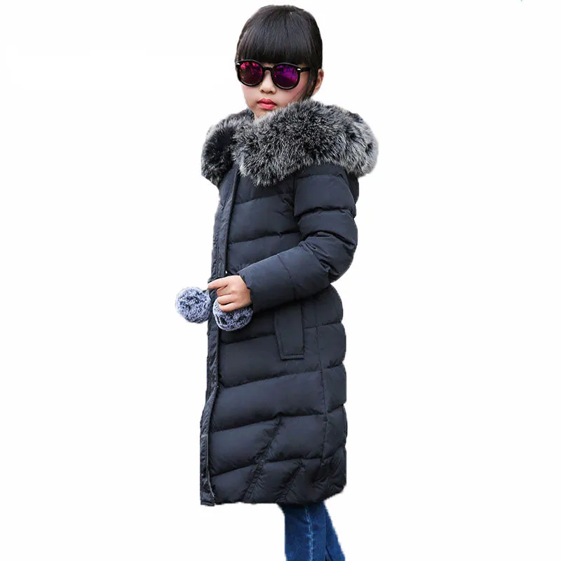 Girls Long Winter Down Jacket with Hood, very warm