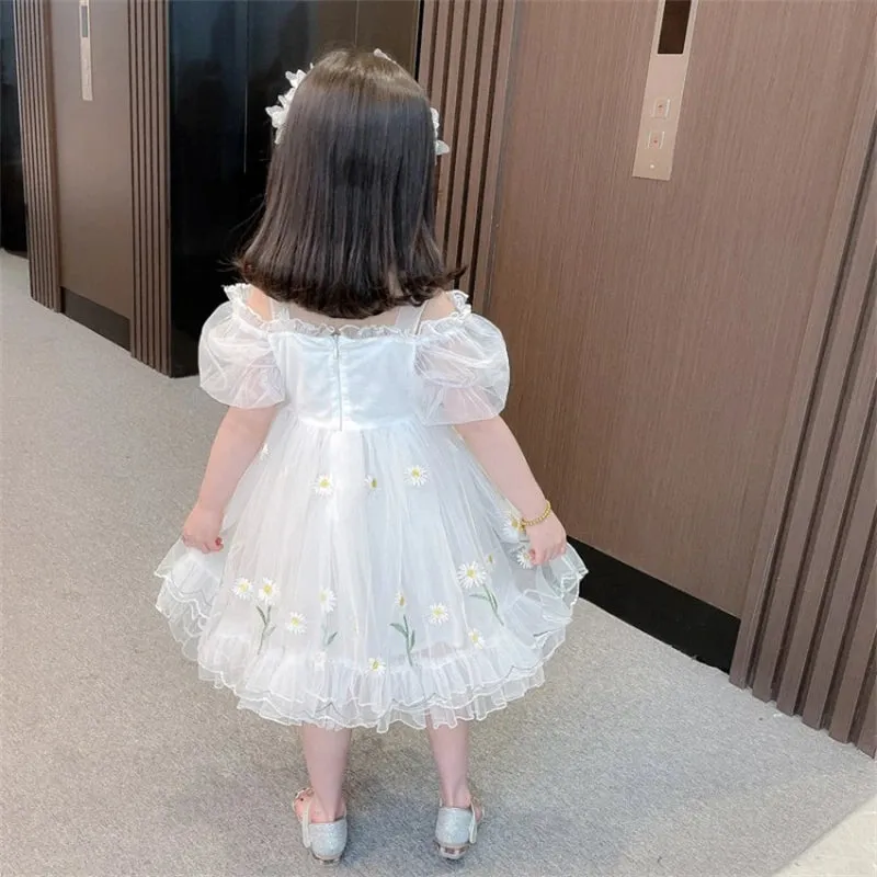 Girls Party Dress Summer Elegant Princess Dress Cute Daisy Boat Neck Bare Shoulders Dress 2-9 Years Kids Birthday Party Clothes