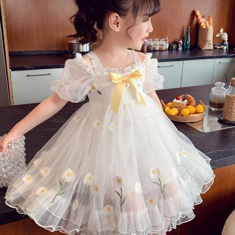 Girls Party Dress Summer Elegant Princess Dress Cute Daisy Boat Neck Bare Shoulders Dress 2-9 Years Kids Birthday Party Clothes