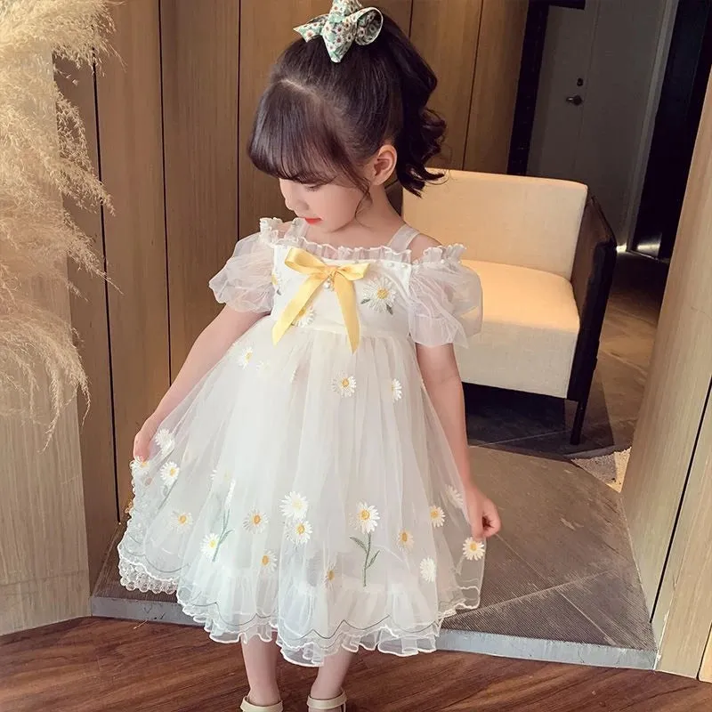 Girls Party Dress Summer Elegant Princess Dress Cute Daisy Boat Neck Bare Shoulders Dress 2-9 Years Kids Birthday Party Clothes