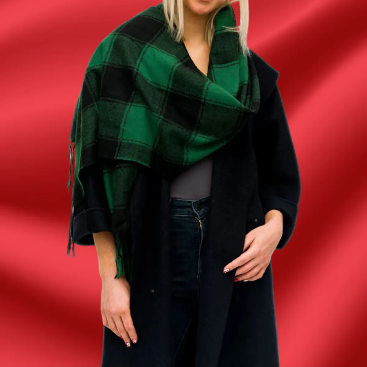 Green and Black Plaid Blanket Scarf