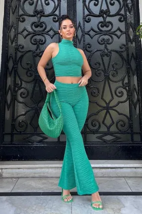 Green High Neck Crop Top & Flare Pants Set - Dailyn