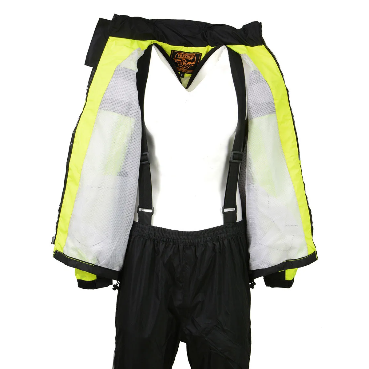 GREEN SH233113 Men's Black and Neon Green Water Resistant Motorcycle-Outdoors Rain Suit with Reflective Tape