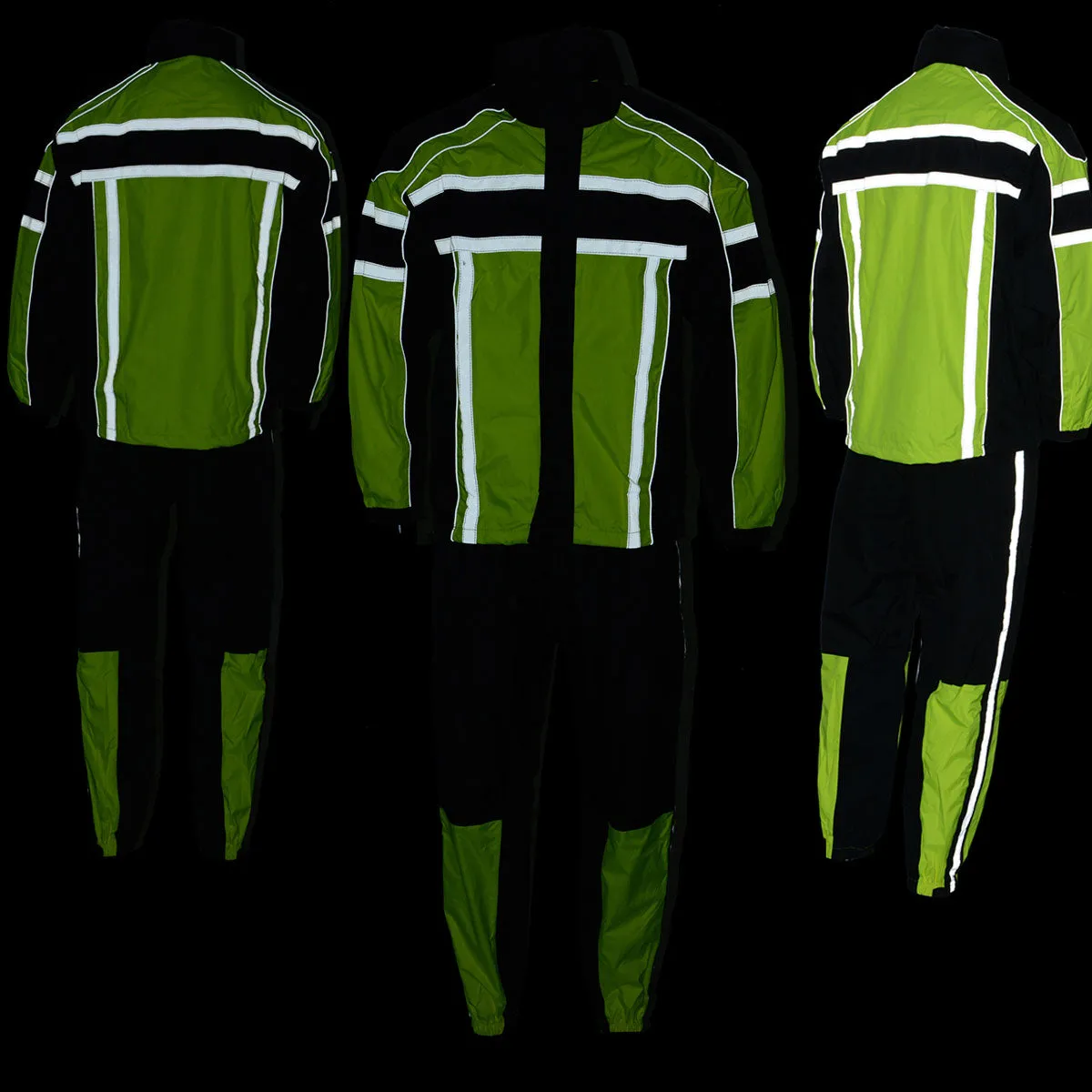 GREEN SH233113 Men's Black and Neon Green Water Resistant Motorcycle-Outdoors Rain Suit with Reflective Tape