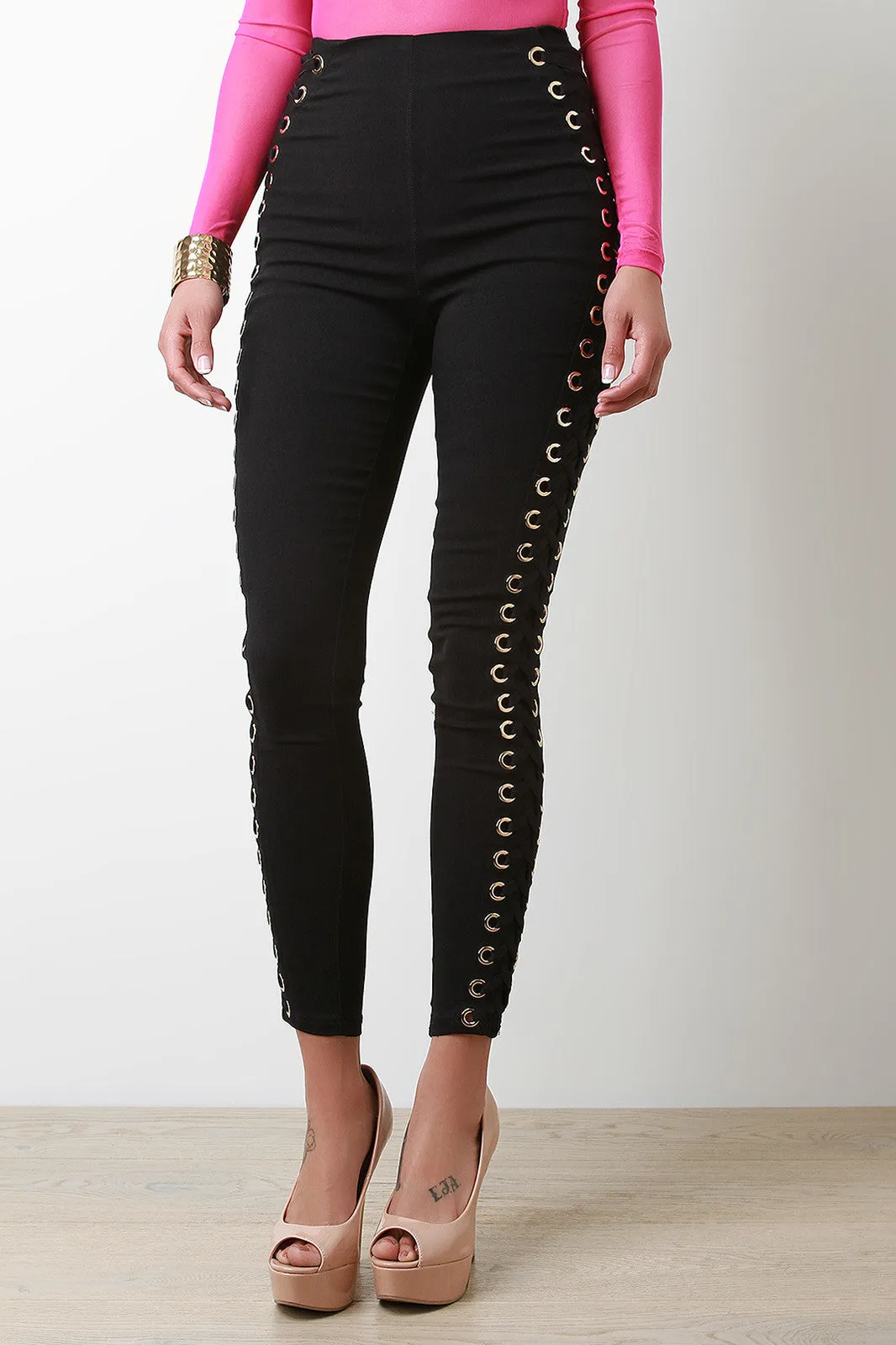 Grommet Corset Lace-Up High Waist Skinny Pants