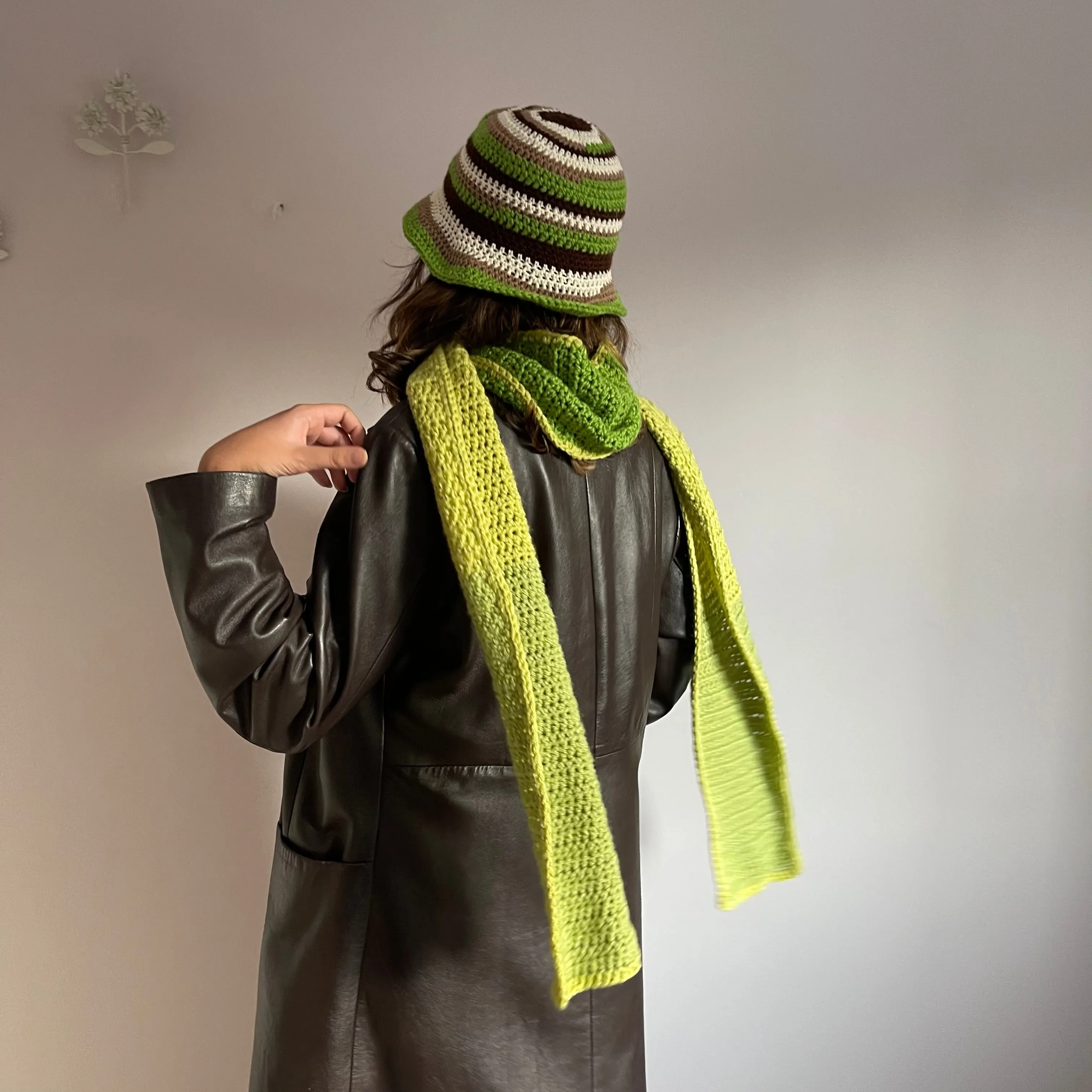 Handmade green colour block crochet scarf