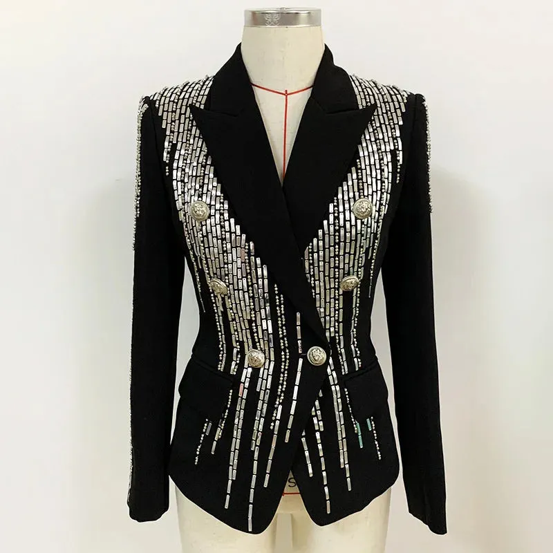 HEYFANCYSTYLE Contemporary Silver Sequin Black Blazer