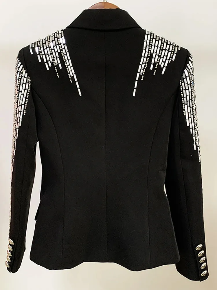 HEYFANCYSTYLE Contemporary Silver Sequin Black Blazer