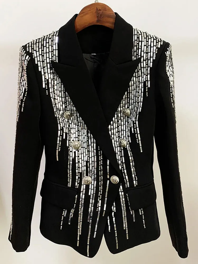 HEYFANCYSTYLE Contemporary Silver Sequin Black Blazer