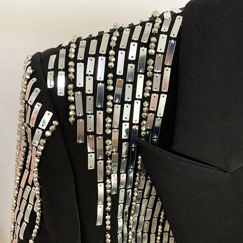 HEYFANCYSTYLE Contemporary Silver Sequin Black Blazer