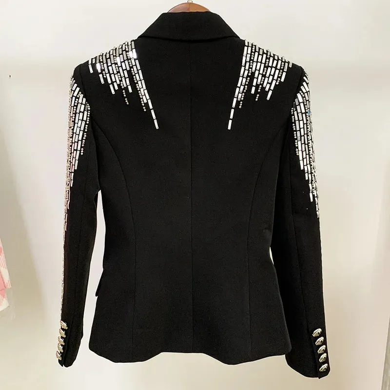 HEYFANCYSTYLE Contemporary Silver Sequin Black Blazer