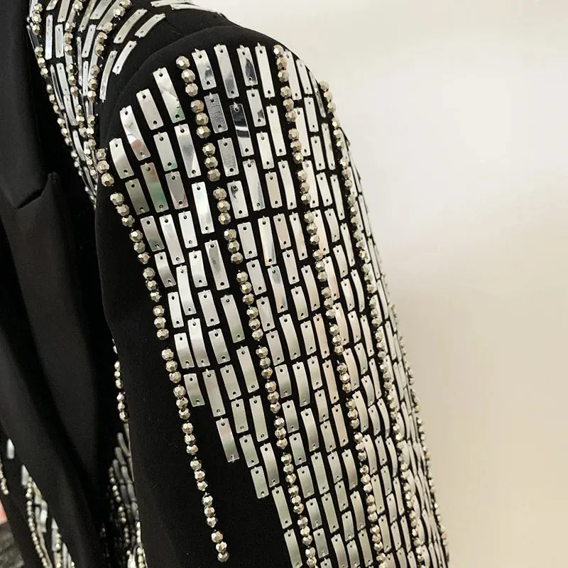 HEYFANCYSTYLE Contemporary Silver Sequin Black Blazer