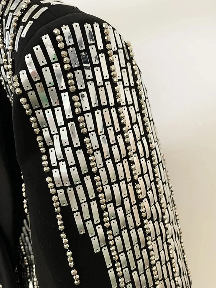 HEYFANCYSTYLE Contemporary Silver Sequin Black Blazer