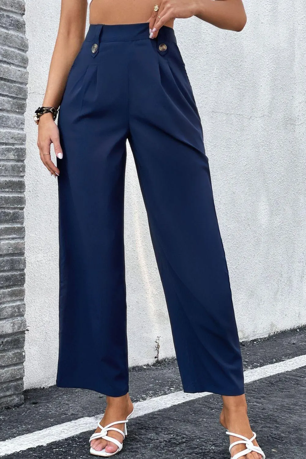 High-Rise Pleated Waist Wide Leg Pants