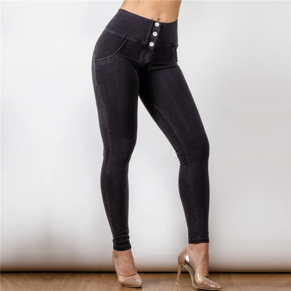 High Waist Dark Thread Black Jeans Button Style