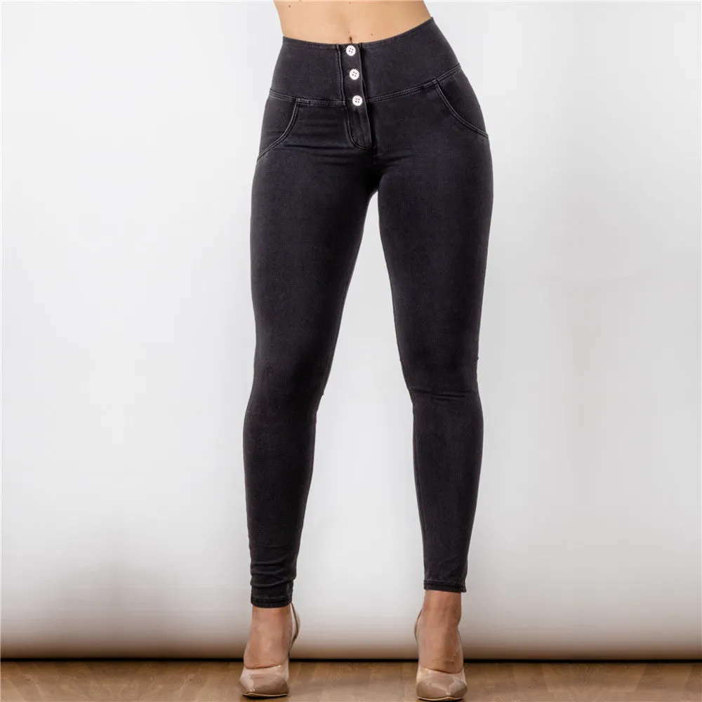 High Waist Dark Thread Black Jeans Button Style