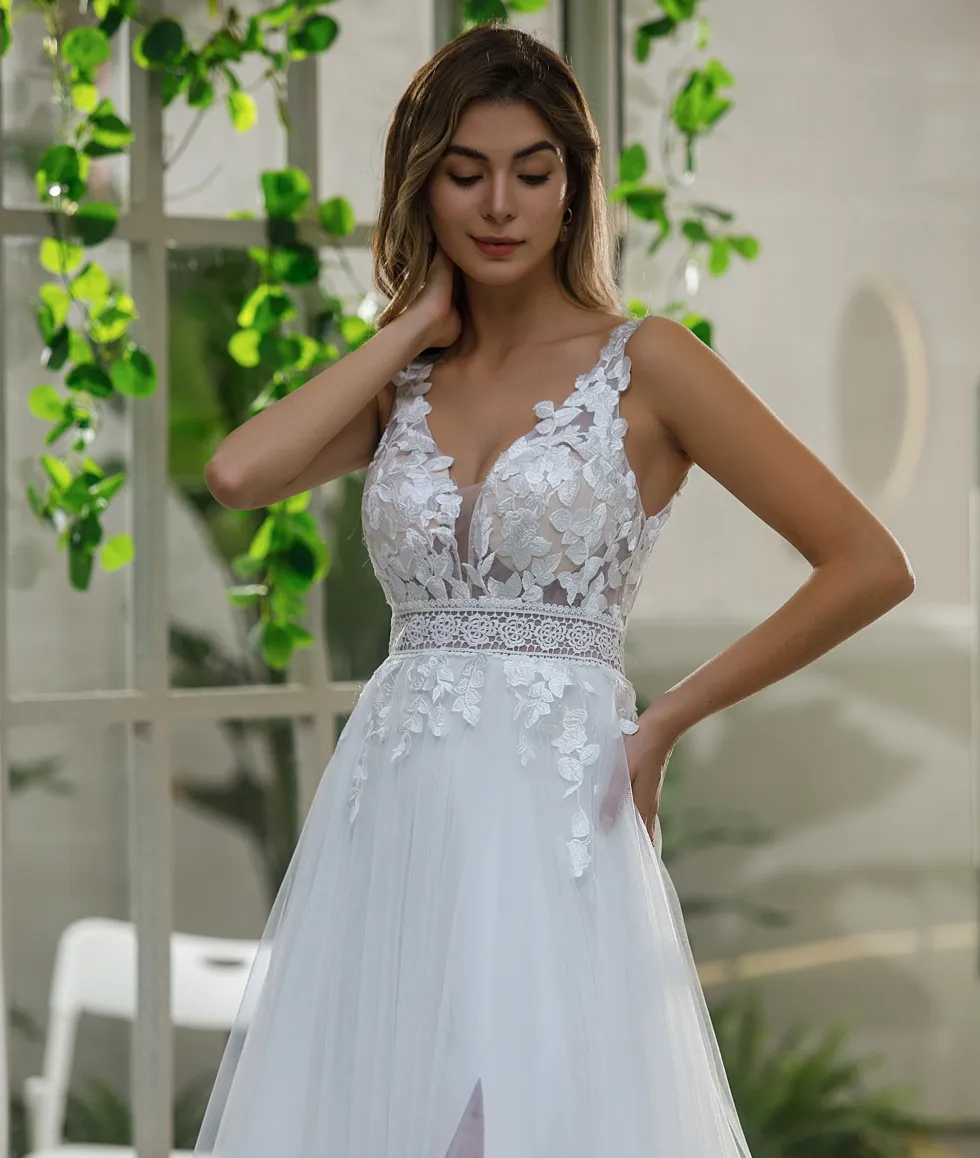 Inspired Lace A-line Wedding Dress With Slit Tulle Skirt