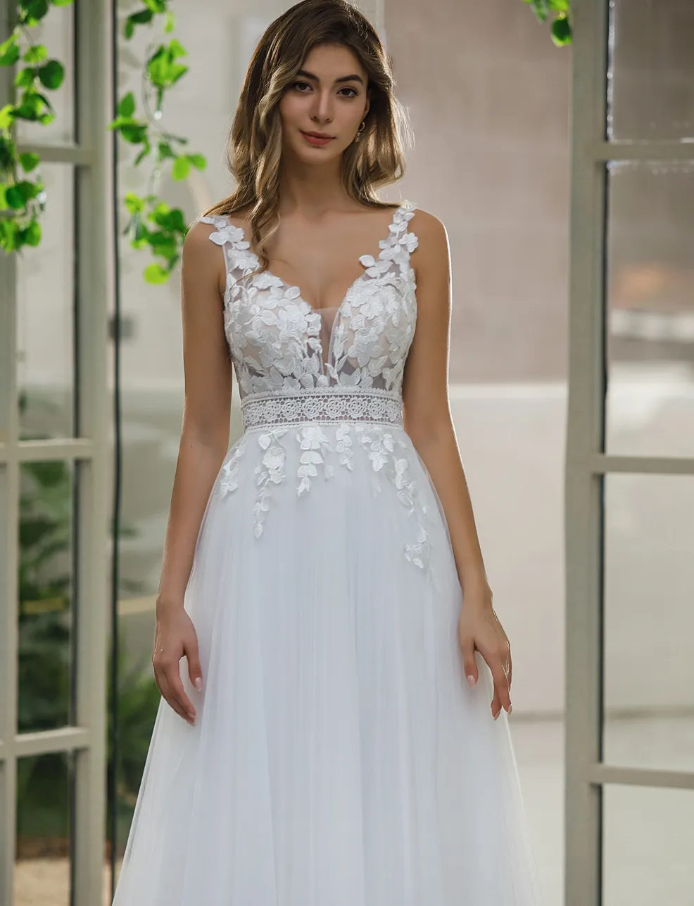 Inspired Lace A-line Wedding Dress With Slit Tulle Skirt