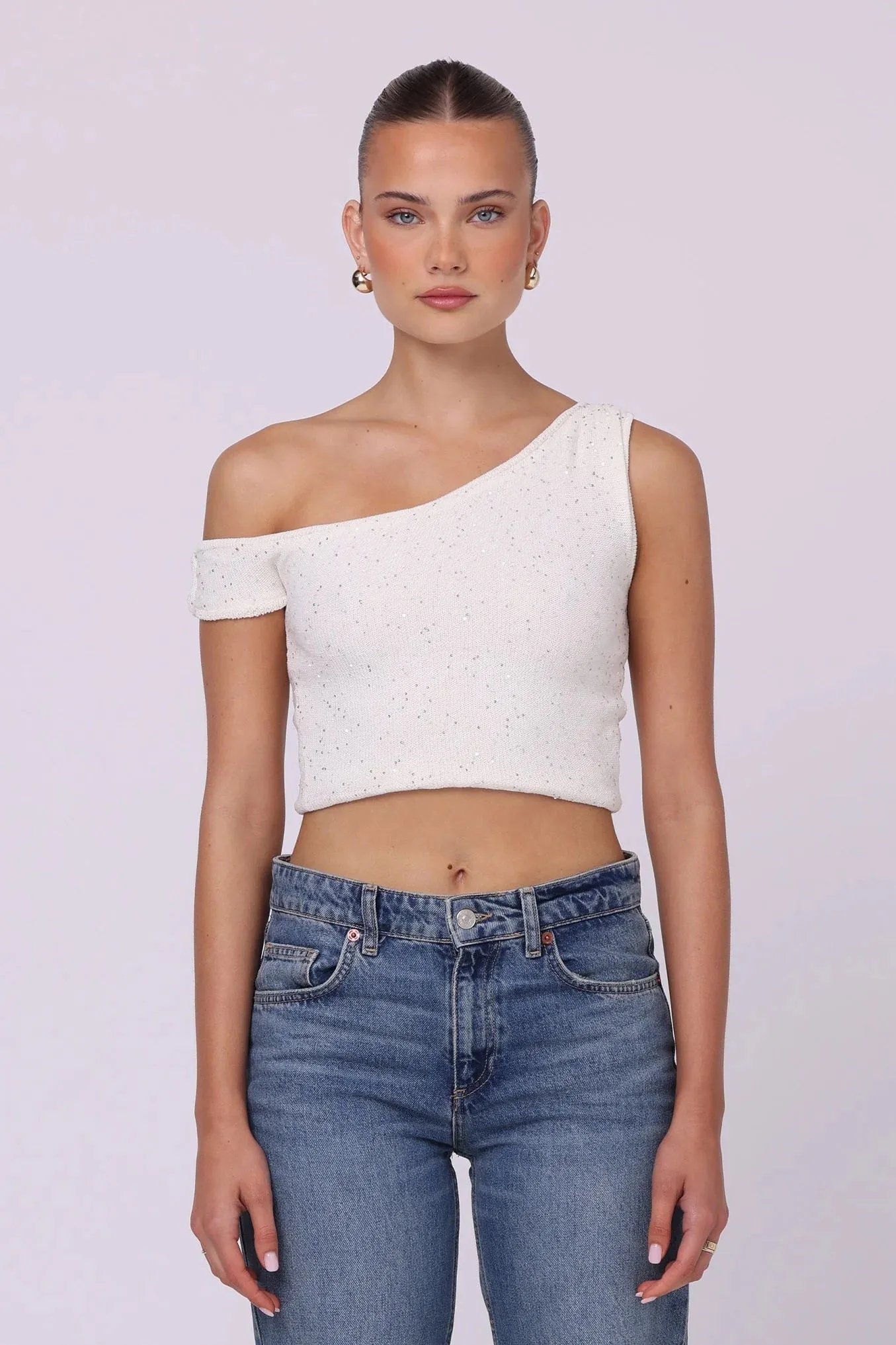 Isabelle Quinn Jaye Asymmetrical Sequin Knit Top - White