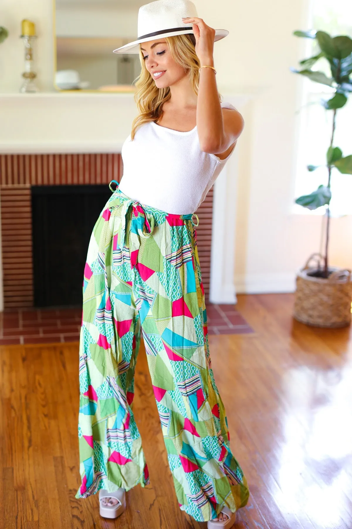 Ivory & Mint Corded Geo Print Wide Leg Jumpsuit