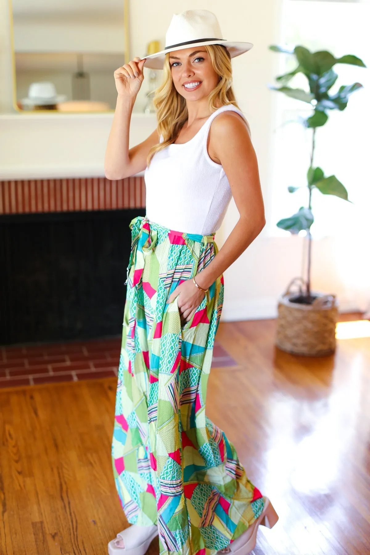 Ivory & Mint Corded Geo Print Wide Leg Jumpsuit