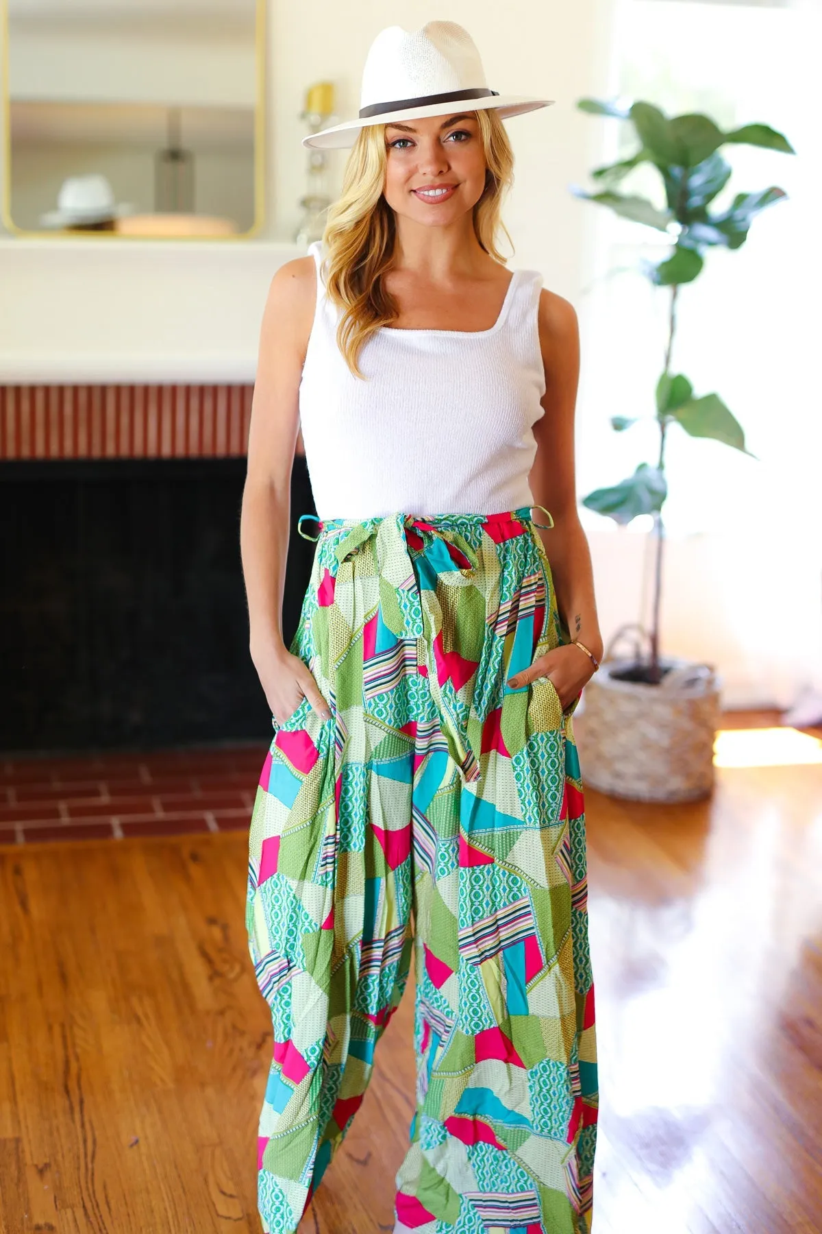 Ivory & Mint Corded Geo Print Wide Leg Jumpsuit