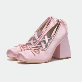 Kawaii Balletcore Coquette Dollette Aesthetic Square Toe Chunky Heel Satin Pumps