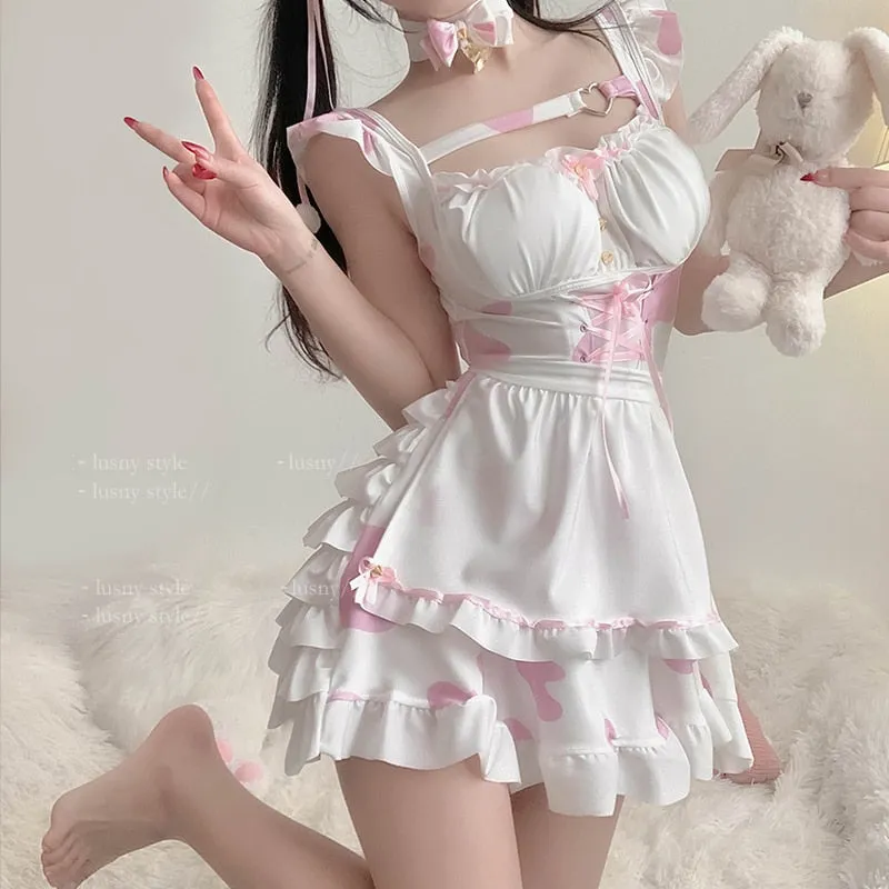 Kawaii Cosplay Pink Cow Print Maid Dress Set