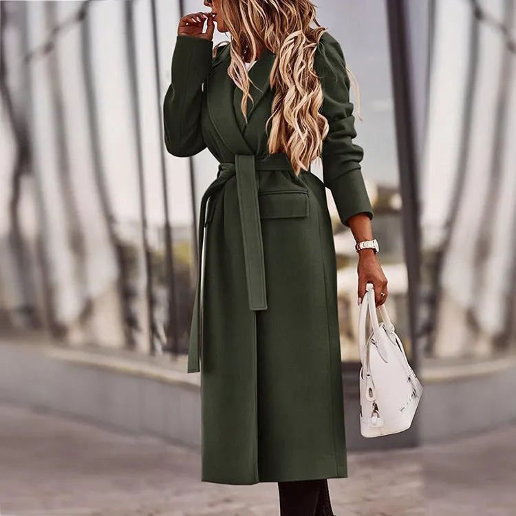 Lapel Cardigan Solid Color Long Sleeve Mid-length Woolen Coat Women's Clothing