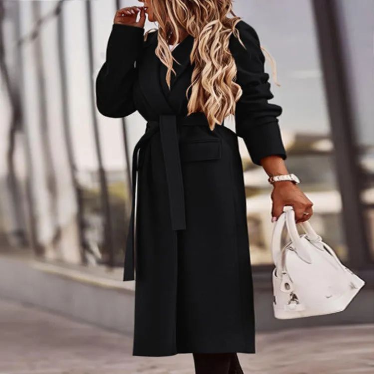 Lapel Cardigan Solid Color Long Sleeve Mid-length Woolen Coat Women's Clothing