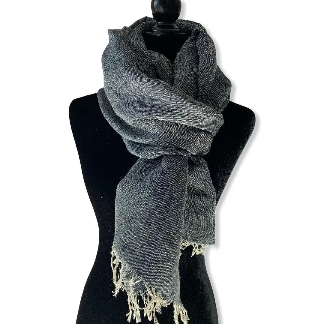 Linen Handwoven Scarf - Charcoal & white