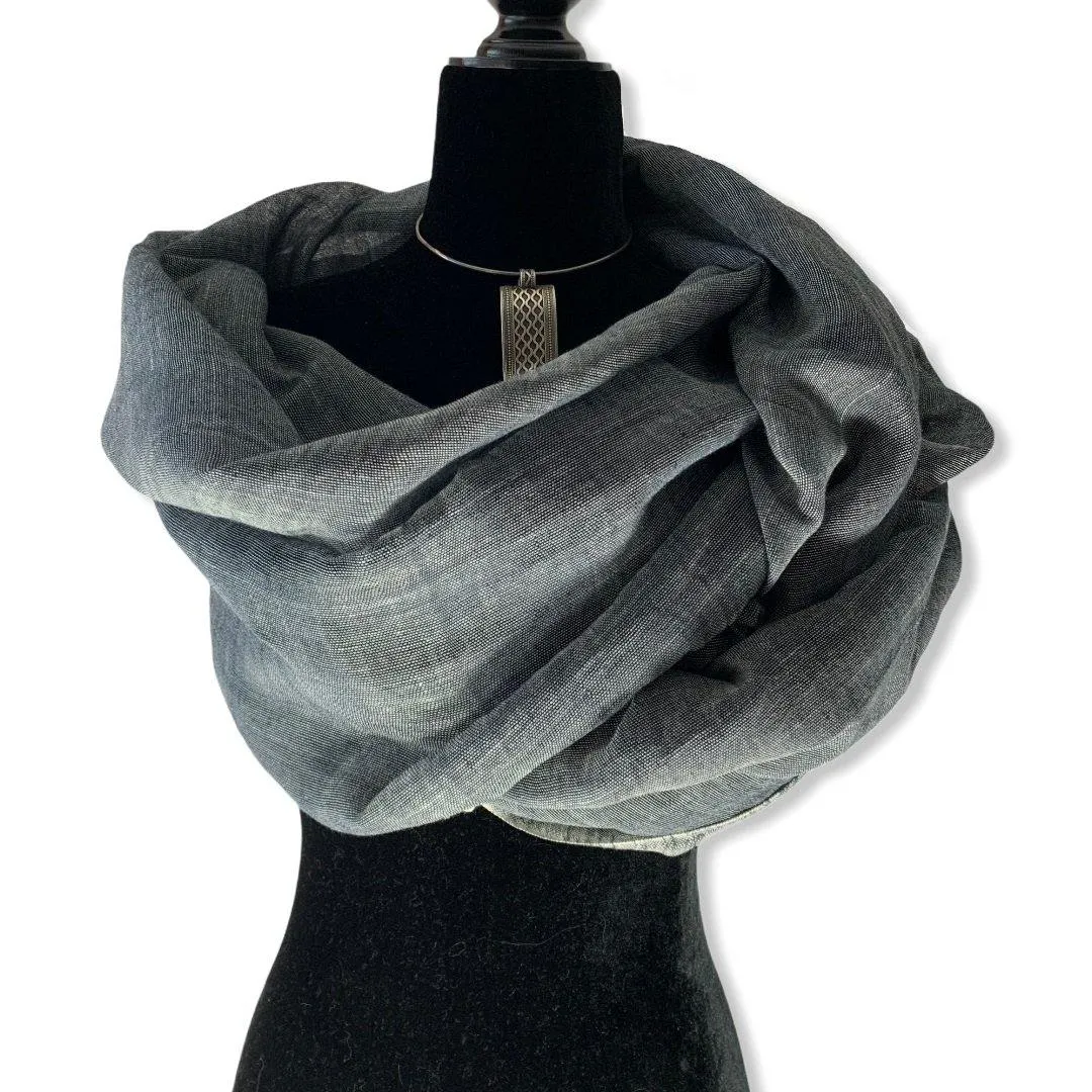 Linen Handwoven Scarf - Charcoal & white